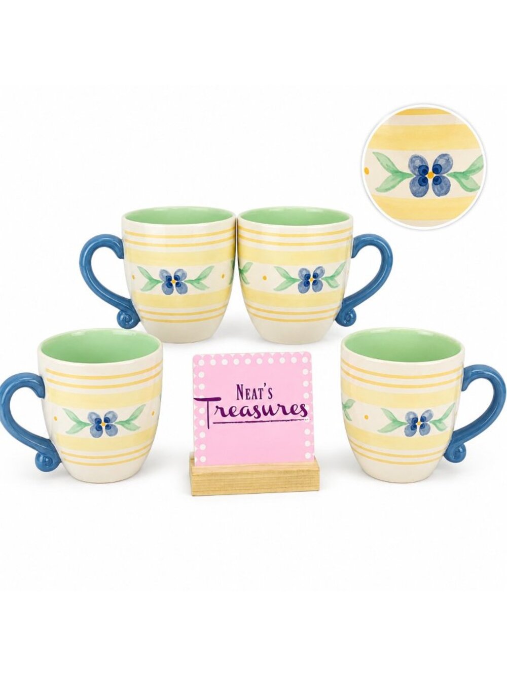 Pfaltzgraff SUMMER BREEZE Stoneware Blue Flower  Large Coffee Mugs Cups Set 4